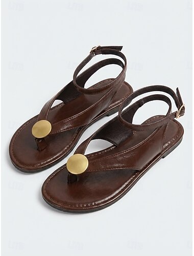  Bruine platte sandalen voor dames - met gouden details, perfect voor outdoor vakanties, stedentrips in de zomer. &ontspannen avondwandelingen