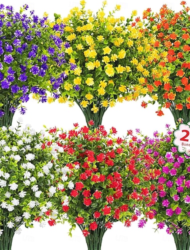  24 mazzi di fiori artificiali per decorazioni esterne, fiori finti resistenti ai raggi UV, piante di eucalipto in plastica sintetica, ideali per la primavera e l'estate, giardino, patio, decorazioni