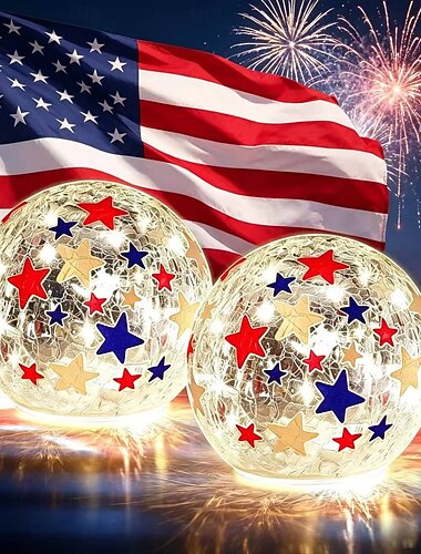  USA 250. évfordulója, július 4. 2 db kültéri napelemes kerti lámpa, IP44 vízálló, piros, fehér, kék, csillag alakú, repedezett üvegből készült ösvénylámpák udvarra, teraszra, gyepre, partira,