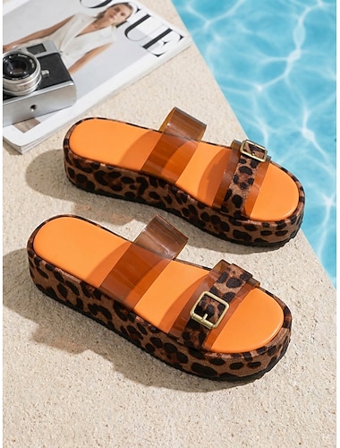  Damesplateausandalen met luipaardprint - sexy sandalen met dubbele bandjes en een transparante pvc-band. &stevige zool voor loungen in het hotel en feestjes bij het zwembad &zomervakanties in resorts