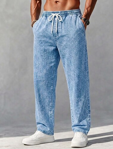  softfade™ Herren-Freizeithose aus 100 % Baumwoll-Denim mit Kordelzug, elastischem Bund, geradem Bein, einfarbig, bequem, atmungsaktiv, in voller Länge, für Freizeit, Alltag, Outdoor und Urlaub. Geeignet für Marineblau und Hellblau.