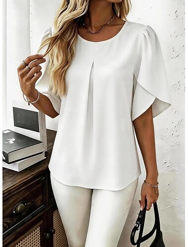  Dames Overhemd Blouse Pullover Effen Kleur Elegant Vakantie Dagelijks Korte mouw Bloemblad Strakke ronde hals Lange tops Casual Dagelijks Wit Lichtgroen Hemelsblauw Licht Paars Oranje Zomer Lente