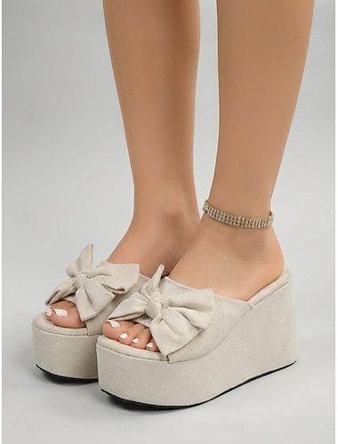  Sandalias de cuña de ante beige para mujer: elegantes mules de plataforma con detalle de lazo extragrande. &Sandalias abiertas para las vacaciones de verano y las cenas nocturnas en la playa. &ropa de