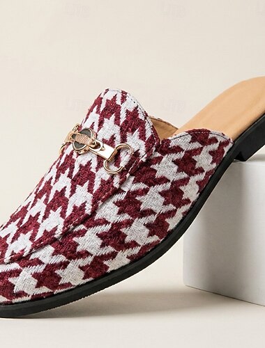  Bordeauxrode en witte muiltjes met pied-de-pouleprint voor heren, instappers, modieuze nette schoenen, een statement-item voor stijlvolle mannen, feesten, banketten, gala's en avondevenementen.