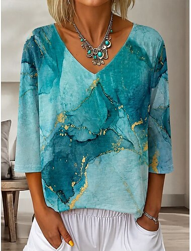  Per donna Camicia Grafico Marmo Bohemien Vintage Moda Manica 3/4 Scollo a V Top Regolari Casuale Quotidiano Uscire Blu Cachi Verde Estate Primavera