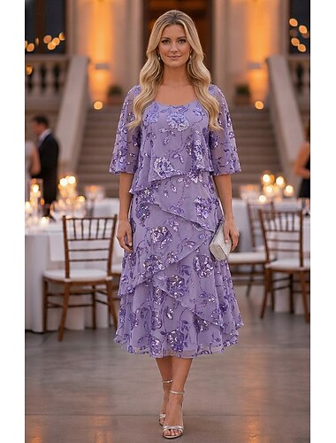  A-lijn Tot de enkel Over de knie Feestjurk Cocktail jurk Bruiloft gast jurk Moeder van de bruid jurk Korte mouw Halve mouw Ronde hals Elegant Formeel Chiffon Pailletten met Geplooid