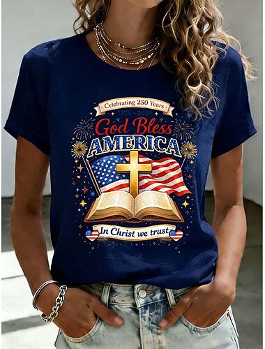  Giorno dell'Indipendenza Americana Per donna Maglietta Stampato Grafico Bandiera Lettera Vintage Moda Elegante Manica Corta Girocollo Top Regolari Casuale Quotidiano Weekend Blu Nero+Bianco+Grigio