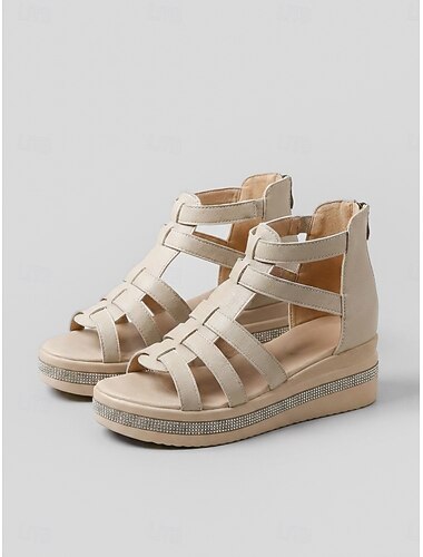  beige gladiatorkile-sandaler til dame - åpne sko med stroppedesign, såle med strassutsmykning og glidelås bak, uformelle sommersandaler for hverdagsbruk og reiser