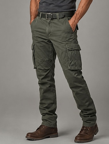  Pantaloni da uomo 100% cotone, cargo, da trekking, multitasche, gamba dritta, comodi, traspiranti, casual, per tutti i giorni, per attività all'aperto, streetwear, verde kaki