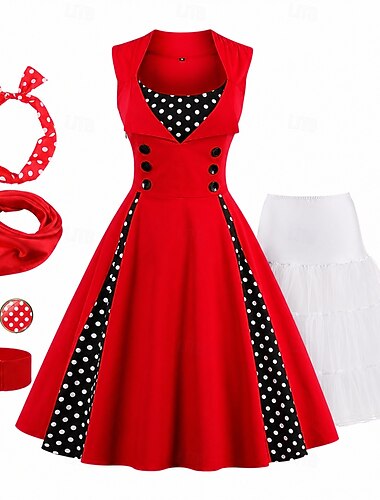  Conjunto Anos 50 Retro Vintage Rockabilly Longuette Vestidos Anágua Conjunto de acessórios com acessórios Bolinhas Justo & Evasê Fantasia Mulheres Baile de Máscaras Festival de Música Festa de Chá