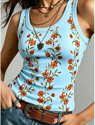  Dames Singlet Textuur Gebreid Bloemig Vakantie Mouwloos Ronde hals Normale tops Casual Wit Geel Blozend Roze Hemelsblauw Zomer Lente