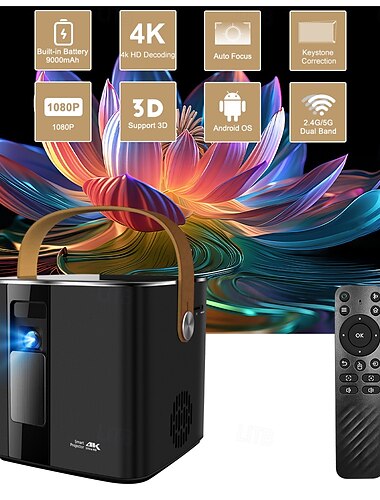  Intelligenter DLP-Projektor mit 9000-mAh-Akku, nativer 1080p-Auflösung und 4K-Unterstützung, Android-Betriebssystem, Autofokus, 3D-Heimkinofunktion, 5G-WLAN-fähiger tragbarer Filmprojektor für