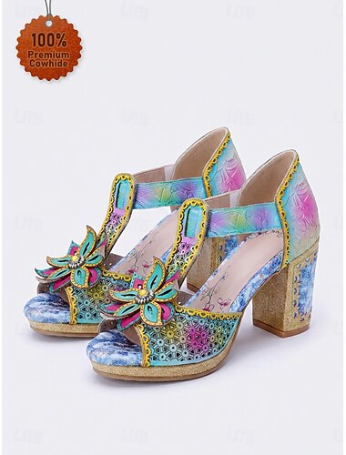  Sandali da donna boho in vera pelle - tacco a spillo con stampa floreale e intagli, suola spessa con glitter dorati, perfetti per vacanze su isole e resort al mare. &vacanze estive