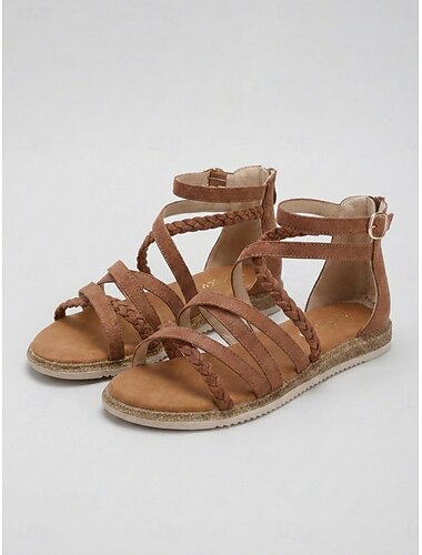  Sandalias gladiadoras color almendra para mujer: sandalias planas ligeras con múltiples tiras trenzadas y cremallera trasera para caminar y viajar. &ropa informal