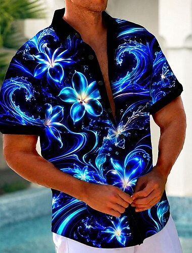  Hombre Floral / Flor Plantas tropicales Resplandor de neón Camisa camisa hawaiana Camisas tropicales Manga Corta Hawaiano vacaciones en la playa Verano Primavera Cuello Vuelto Impresión 3D Un