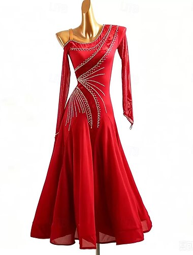  Vestido de baile de salón con pedrería para mujer, ideal para entrenamiento, espectáculos, vals, tango, danza moderna y competiciones.