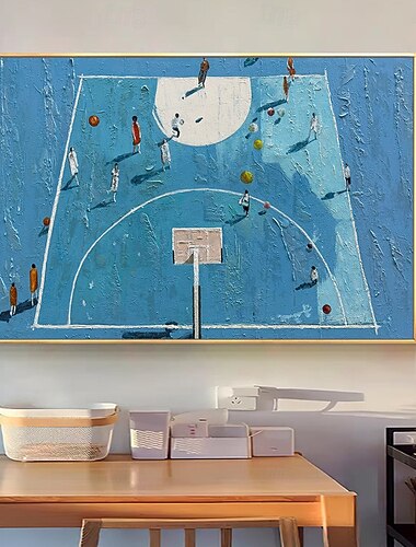  Pinturas al óleo de figuras hechas a mano en miniatura sobre lienzo, decoración de pared, arte abstracto moderno, imágenes de cancha de baloncesto para decoración del hogar y hotel, pintura enrollada