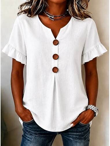  Damen 100% Baumwolle Bluse Rüsche Knöpfe Einfarbig Täglich Lässig Ärmellos Dreiviertelarm Flattrige Ärmel V Ausschnitt Lange Oberteile Lässig Täglich Strand Blau Weiß Rosa Orange Sommer Frühling