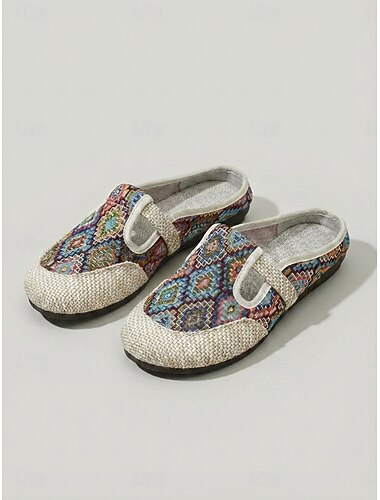  Dames muiltjes van canvas in bohemian stijl - lichtgewicht, comfortabele platte schoenen met een etnische tribalprint en ademend linnen design, casual schoenen voor vakantie, reizen, dagelijks gebruik