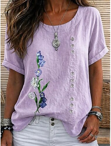  Mujer Blusa Botones Ombre Floral Graphic Elegante Vintage Diario Manga Corta Cuello Barco Tops largos Casual Diario Festivos Púrpula Claro Verano Primavera