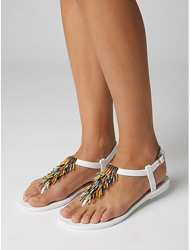  Sandálias femininas pretas de plástico com franjas coloridas de miçangas - sandálias rasteiras boho com tira em T, perfeitas para férias na praia e para relaxar à beira da piscina no verão. &viagens
