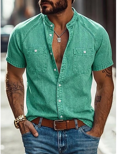  camicia da uomo camicia casual camicia scolorita capo di abbigliamento cotone tinto lavaggio acido camicia blu nero verde chiaro rosa viola manica corta semplice colletto alla coreana colletto alla mandarino casual quotidiano tasca frontale abbigliamento