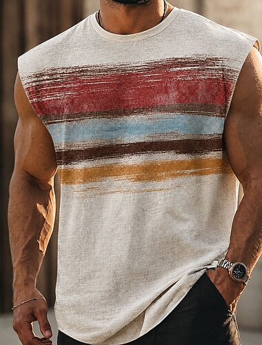  Voor heren Boho Gestreept Onderhemd Mouwloos T-shirt 3D-afdrukken Strakke ronde hals Overhemd Vakantie Modieus Dagelijks Feestdagen Donker Bruin Oranje Bruin Lente zomer Kleding S M L XL 2XL 3XL