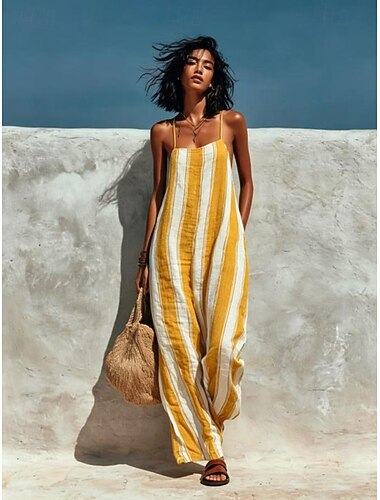  Mulheres Macacão Férias Comprimento total Cintura Alta Listrado Bolsos Micro-Elástica Amarelo Vermelho Azul Royal Verão Primavera Ajuste Largo