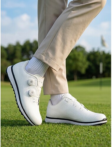  Sapatos de golfe masculinos brancos, sem cadarço, calçados esportivos respiráveis em malha para caminhada, leves e antiderrapantes para golfe, viagens e uso diário.