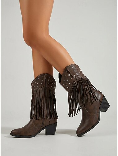  Dames bruine western cowboylaarzen - vintage halfhoge laarzen van imitatieleer met franjes &Sterrenbeeldjes met strass-steentjes voor het openluchtmuziekfestival Coachella &countryconcert