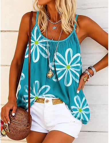  Dames Blouse Afdrukken Blote rug Bloemig Grafisch Planten Bohemen Vintage Tropisch Mouwloos hihnat Normale tops Casual Dagelijks blauw Wit / Groen Licht Paars Zomer Lente
