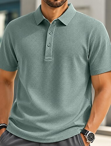  Per uomo Polo rinfrescanti in tessuto waffle di seta ghiaccio Testurizzato Casuale Vacanza Collo ripiegato Manica Corta Moda Essenziale Semplice Leggero Bottoni Primavera & Estate Blu Bianco Nero