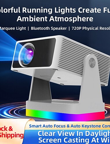  Projetor inteligente com foco automático &Projetor portátil para cinema com correção automática de keystone, resolução nativa 720p, luz ambiente RGB, alto-falante Bluetooth, espelhamento de tela via