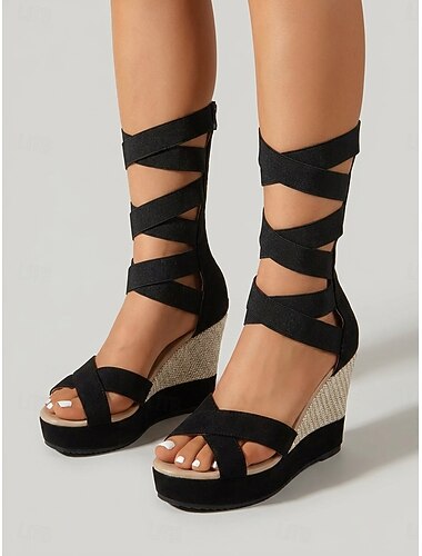  Sandálias espadrille femininas com tiras elásticas e plataforma - modelo gladiador preto com tiras cruzadas, perfeitas para férias de verão ao ar livre e para ir à praia. &cruzeiro