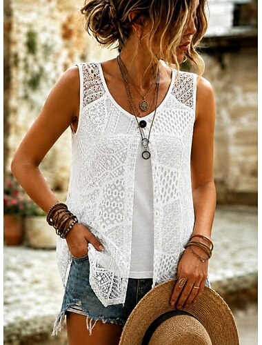  Per donna Top traforato Pizzo Pizzo Illusione Elegante Bohemien Vacanza Senza Maniche Top lunghi Casuale Quotidiano Ferie Bianco Estate Primavera
