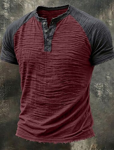  Herren T Shirt Leinen-T-Shirt Kurzarm Henley Sommer Frühling Ganzjahres Einfarbig Texture Urlaub Vintage Sport Farbblock Rohkante Raglanärmel Lässig Heim Outdoor Schwarz Weiß Wein Top T-Shirt für