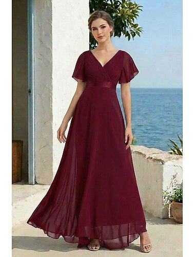  A-Lijn Gerimpelde Bruiloft Gast Jurk Strand Bruiloft Elegante Formele Black Tie Voor Bruidsmeisje Vloerlengte Korte Mouwen V Hals Chiffon V Rug met Rimpels jurk om indruk te maken