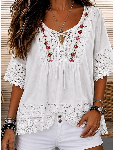  Dames Kanten overhemd Kant splitsende top Jacquard Kant Elegant Bohemen Actief 3/4 mouw V-hals Lange tops Casual Wit Blozend Roze Groen Grijs Zomer Lente Herfst