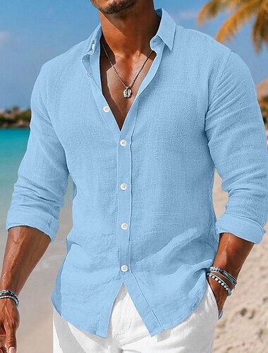  Masculino Camisa Social Camisa de linho camisa de verão Roupa de Praia camisa de botão Tecido Casual Diário Preto Branco Rosa Verde Manga Longa Colarinho Primavera Verão Verão Roupa Bolsos