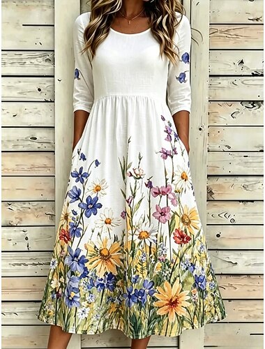  Femmes Robe Midi Robe fourreau Vacances Occasionnel Boho Quotidien Robe d'Été Robe de Printemps Coupe régulière Fleuri Graphique Manche Courte Col ras du cou Blanche Jaune Vert Claire Rose Claire Ét