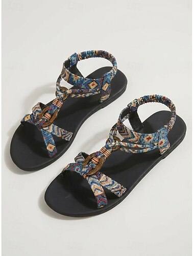  Sandales de plage bohèmes ethniques pour femmes - chaussures gladiateur plates à brides tressées aztèques avec anneau décoratif pour des vacances d'été sur une île & croisière