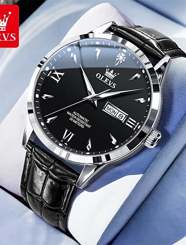  Reloj automático Olevs para hombre, correa de cuero negro de lujo, mecánico, de cuerda automática, para negocios, elegante, resistente al agua, con indicador luminoso de día y fecha, números romanos,