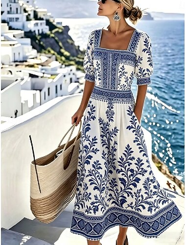  Damen Midikleid Freizeitkleid A Linie Kleid Elegant Urlaub Stilvoll Strand Ferien Normale Passform Blumen Grafik Kurzarm Quadrathals Blau Weiß Grau Sommer Frühling