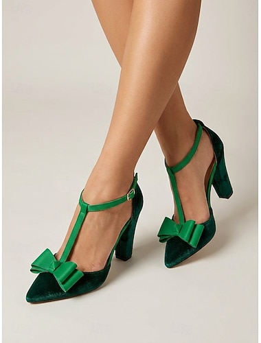  Grüne Samt-Pumps für Damen – elegante T-Riemen-Pumps mit spitzer Zehenpartie, Schleife und Blockabsatz für den Alltag
