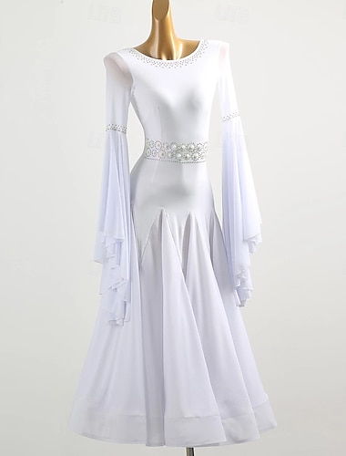  Weißes Ballkleid für Damen – elegantes Walzerkleid – Perle &Strassbesetzter Bund – transparentes Wettkampf-Outfit mit Glockenärmeln – moderner, klassischer Swingrock