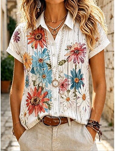  Mulheres Camisa Social Botões Imprimir Floral Gráfico Diário à moda Casual Manga Curta Colarinho de Camisa Tops regulares Casual Diário Azul Branco Roxo Verão Primavera