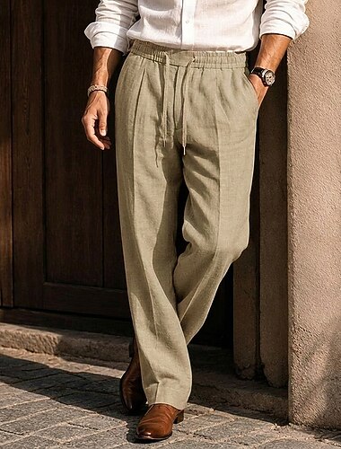  Herren Leinenhosen Hose Sommerhose Baggy-Hosen Kordelzug Elastischer Bund Gerader Schnitt Einfach Komfort Atmungsaktiv Volle Länge Lässig Täglich Ferien Mode Klassicher Stil Khaki Schwarz Unelastisch