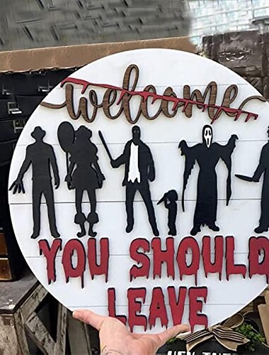  Halloween-Horror-Willkommensschild für die Haustür, Türhänger mit Horrorfilmfiguren, gruselige Halloween-Dekorationen, Holzkranz zum Aufhängen, Türschild für die Veranda im Landhausstil,