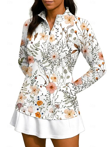  Mulheres Floral Tops Camisa Esportiva Camisa de tênis Top de tênis Manga Longa Zíper Floral UPF50+ Resistente a UV Elasticidade Alta Pavio Humido Respirável Voleibal Tênis Golfe Gola Alta Gola com