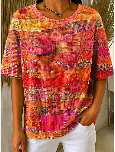  Dames Wafel T-shirt Gebreide tops met textuur Grafisch Geometrisch Gestreept Stijlvol Klassiek Korte mouw Strakke ronde hals Ronde hals Normale tops Casual Dagelijks blauw Rood Oranje Licht Blauw